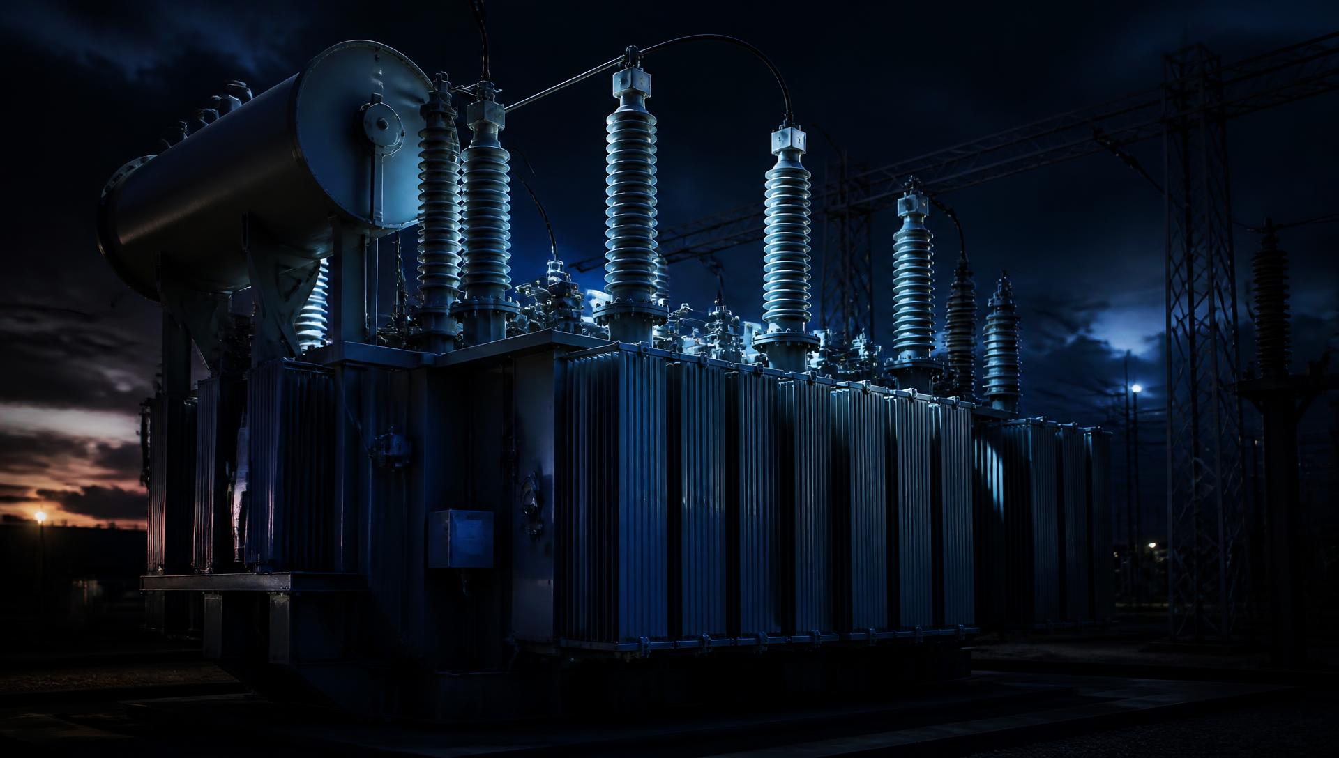 High-voltage substation transformer at dusk